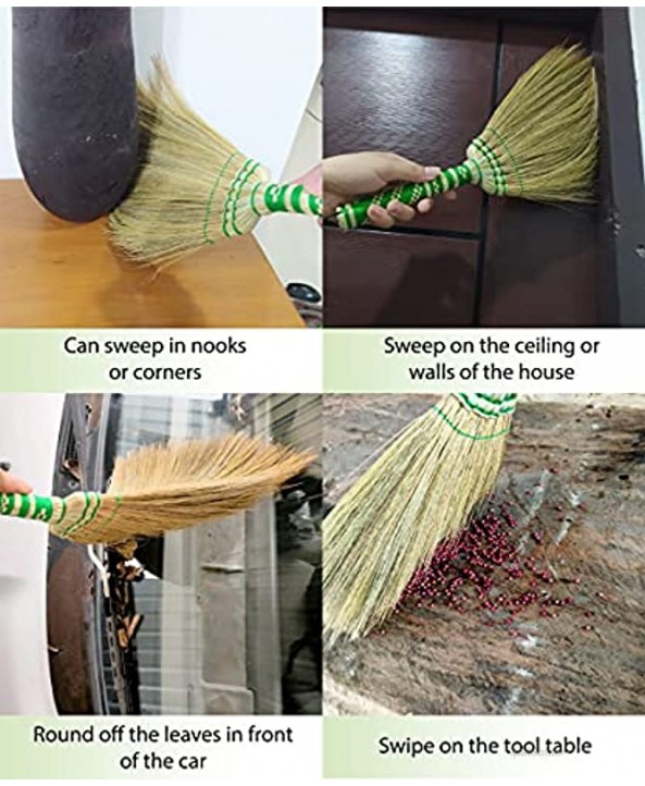 Brush Set L17.5 Inch Natural Grass Broom with Mini Bamboo Handled Green Indoor Outdoor Smooth & Hard Floor Sweeping Cleaning Handmade Home Kitchen Bedroom Lobby Room,Whisk Broom