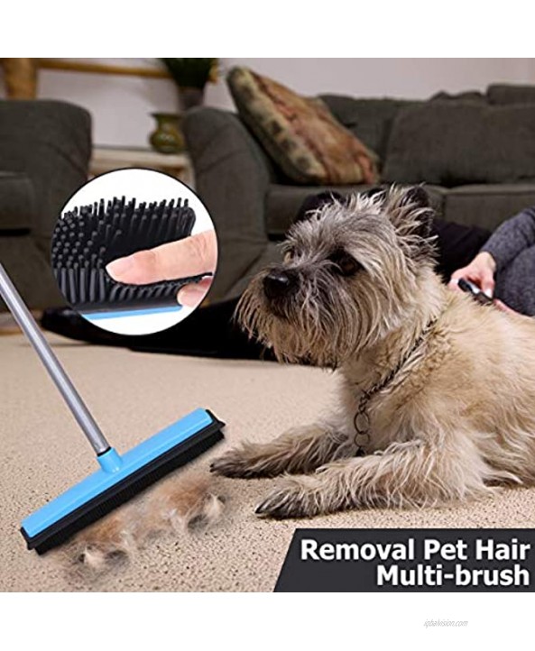 LCF Pet Hair Removal Broom Carpet Rake Stairs Telescoping Broom Handle Rubber Broom with Squeegee Outdoor Carpet Brush for Pet Dog Hair Removal 48.82'' Bristles Rug Rake Sweeper Heavy DutyBlue