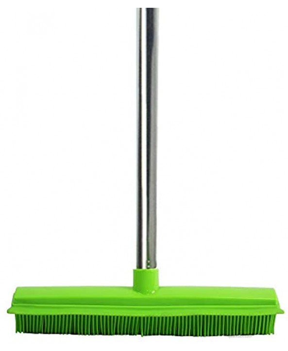 Long Handled Carpet Rubber Broom Soft Bristles and Squeegee Edge Sweeper Push Broom Indoor Green