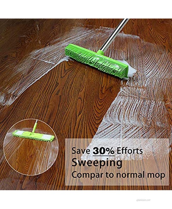 Long Handled Carpet Rubber Broom Soft Bristles and Squeegee Edge Sweeper Push Broom Indoor Green