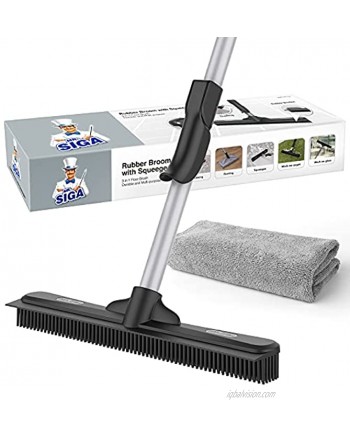 MR.SIGA Pet Hair Removal Rubber Broom with Built in Squeegee 2 in 1 Floor Brush for Carpet 62 inch Adjustable Handle Includes One Microfiber Cloth for Floor Dusting