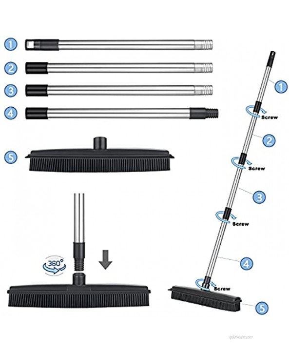 Rubber Broom Floor Brush for Carpet Dog Pet Hair Remover with Squeegee Telescopic Handle Pole for Cleaning