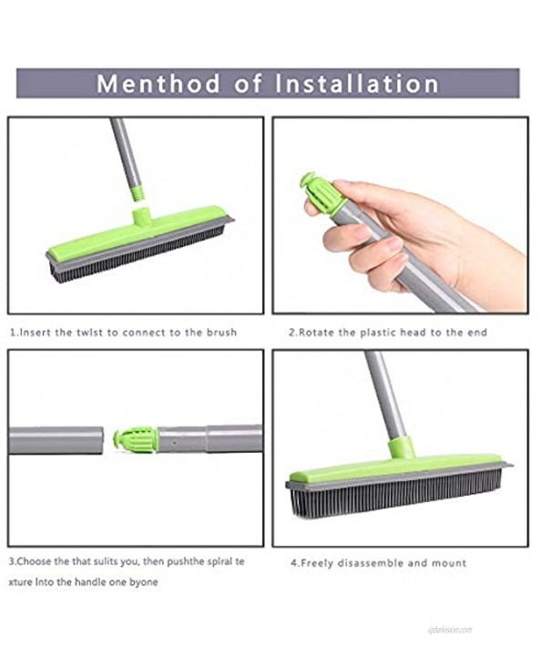 Soft Push Broom Bristle Rubber 59'' Squeegee Broom with Adjustable Long Handle for Pet Cat Dog Hair Carpet Hardwood Floor Tile Windows Cleaning Green