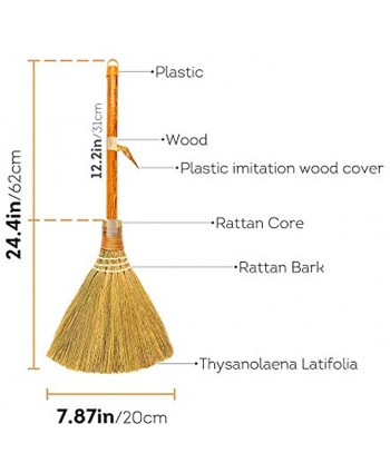 Natural Whisk Sweeping Hand Handle Broom Vietnamese Straw Soft Broom for Cleaning Decoration Items Indoor Outdoor 7.87'' Width 24.4" Length Small